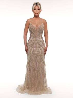 Beaded Nude Evening Gown with Plunging Neckline